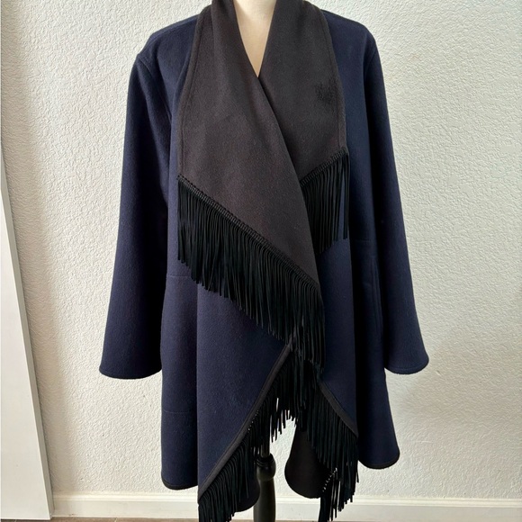 Sofia Cashmere navy and black fringe trim coat - Picture 2 of 11
